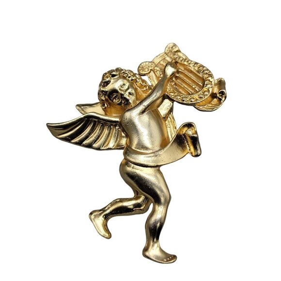 Cherub Brooch Large Matte Gold Tone Angel Pendant Playing Harp Vintage - Picture 3 of 9